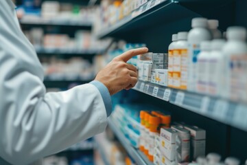 Expert Selection: Doctor Pointing at Medicine Bottles on Shelves
