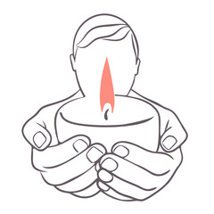 Man holding candle. Symbol of prayer and church concept in simple linear style. Doodle outline illustration. Memorial linear symbol.