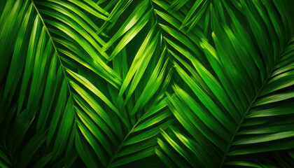 Vibrant green palm leaves on a dark background, showcasing natural texture.