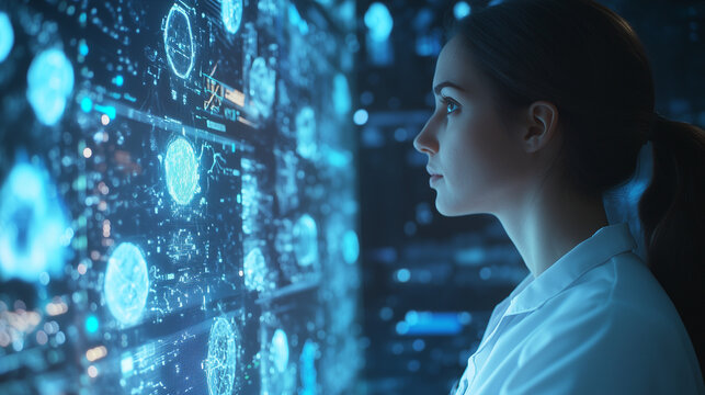 Female doctor analysing healtch data, e-doctor, medicine advanced reality. Young scientist, data safety blue orange purple hologram. Big data, augmented, virtual reality, machine learning AI concept.