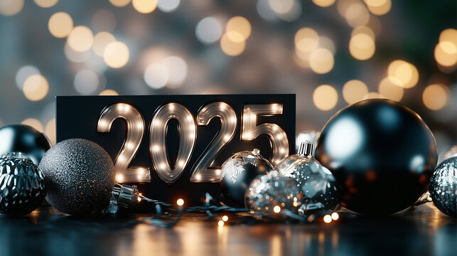 Royal VIP 2025 New Year Christmas Flyer. Minimalist Happy New Year Celebration Snow Background. 2025 Christmas Twigs, Christmas Balls, Sparkles Lights. Christmas Deco Texture with Free Space for Text.