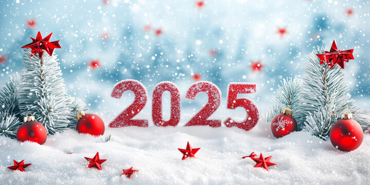 Rich VIP 2025 New Year Christmas Flyer. 2025 Christmas Twigs, Christmas Balls, Sparkles Lights. Abstract Happy New Year Celebration Snow Background. Christmas Deco Texture with Free Space for Text.