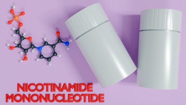 3d rendering of two white cylindrical containers. Next to them is a 3D molecular structure, labeled as "Nicotinamide Mononucleotide." 