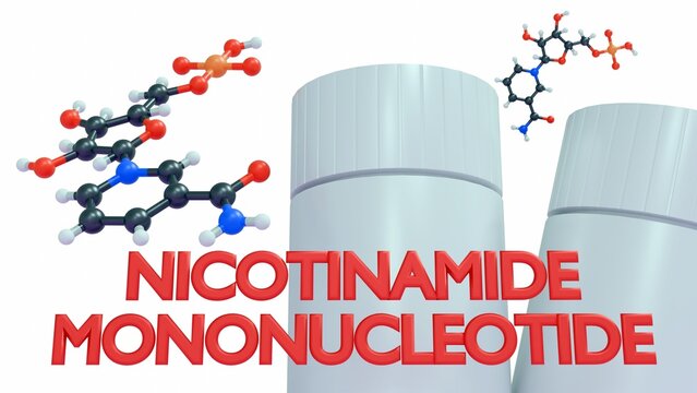 3d rendering of two white cylindrical containers. Next to them is a 3D molecular structure, labeled as "Nicotinamide Mononucleotide." 