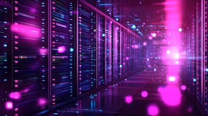 Futuristic data center with colorful lights and server racks, high-tech environment.