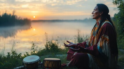 Fototapeta premium A spiritual guide leading a meditation with Native instruments, such as rattles and drums, by a riverside at dawn