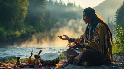 A spiritual guide leading a meditation with Native instruments, such as rattles and drums, by a riverside at dawn