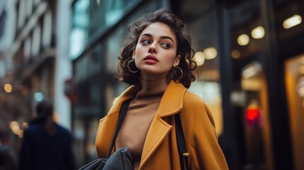 Fototapeta premium A stunning young woman in a contemporary outfit, captured in a candid moment while walking through a bustling city street