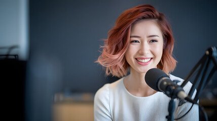 A beautiful young woman with headphones on, smiling and sitting in front of the mic for podcasting at home