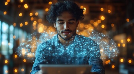 A businessman engages with cloud technology for cybersecurity and data protection, highlighting the importance of cloud computing in secure document storage.