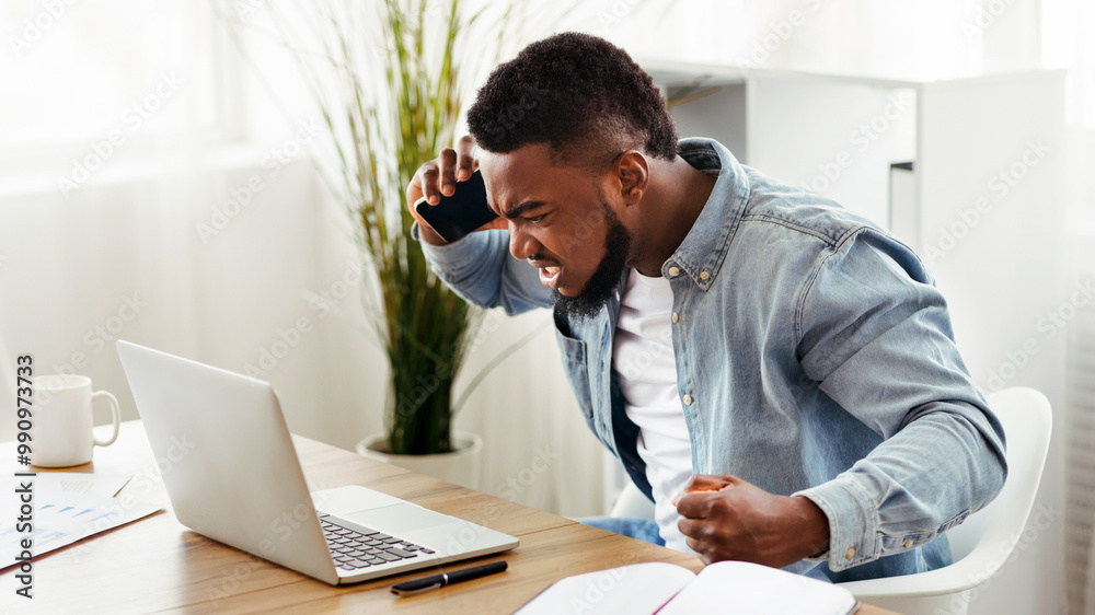 Poster internet malfunction. angry businessman talking on phone with technical support and looking at lapto