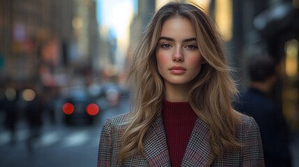 Obraz premium A stunning young woman in a contemporary outfit, captured in a candid moment while walking through a bustling city street