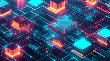 Obraz premium A visual representation of blockchain transactions, with digital tokens and data moving through a secure, virtual environment