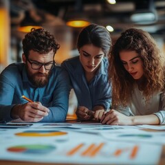 Fototapeta premium Digital marketing brainstorming with a team analyzing online metrics, modern office, tech-savvy style, sharp focus, high detail.