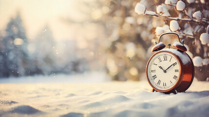 Retro alarm clock on the snowy winter background