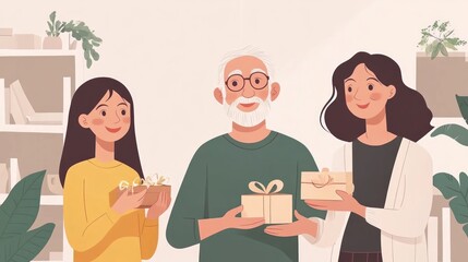 Fototapeta premium Happy father's day! Mother and daughter congratulating grandfather and giving him gift box. Family holiday and togetherness