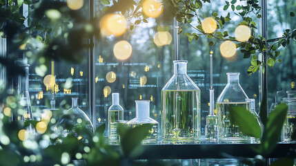 Glamorous background with a high-tech environmental research lab featuring data on climate models and simulations