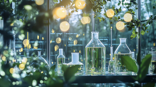 Glamorous background with a high-tech environmental research lab featuring data on climate models and simulations