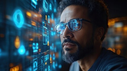 A businessman interacts with a virtual screen, utilizing cloud computing and digital transformation icons to drive business innovation.