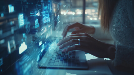Hands of businesswoman typing from business infographic interface in office.