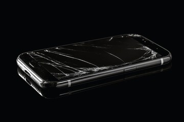 Modern smartphone with a cracked screen reflecting light in various angles.