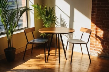 Fototapeta premium Minimalist dining area with a simple wooden table chairs and natural light.