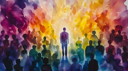 Vibrant Watercolor Figure Standing Before Crowd Representing Leadership and Influence