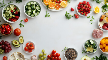 Lots of different healthy foods on white table, flat lay with space for text.