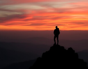 A lone hiker stands on the edge of a mountain peak, silhouetted against the fiery orange and pink hues of a sunset sky.