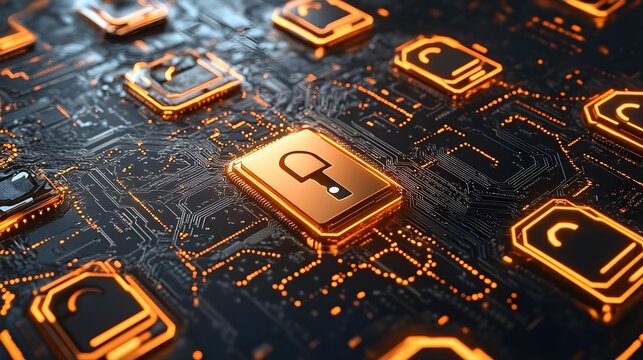 Golden cybersecurity lock icons on digital circuit board, representing data protection and secure technology solutions.