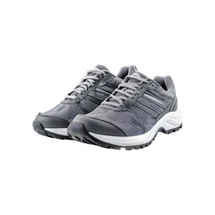 A pair of gray running shoes with white soles.