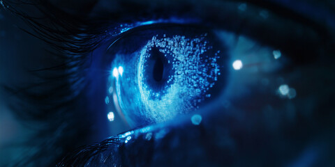 A closeup of a blue digital cyber electronic light beam on a human eye