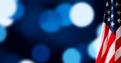 American flag for Memorial Day, 4th of July or Labour Day, blue background, panorama, copy space