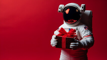 Obraz premium astronaut holding christmas gift on red background
