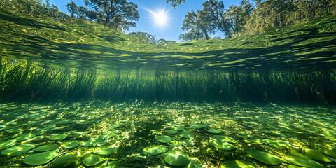 Underwater View of Lush Green River Vegetation & Sunlight Above the Surface

