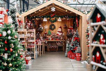 Naklejka premium Christmas market with wooden stalls filled with holiday treats and handmade crafts.