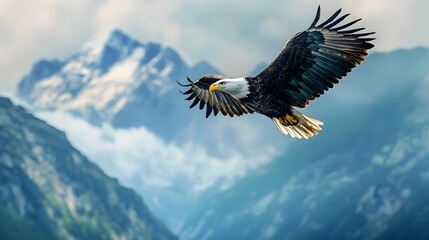 Obraz premium Majestic Eagle Soaring Over Mountainous Landscape in Watercolor Painting