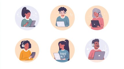 Fototapeta premium a set of illustrated avatars in circular frames showcasing diverse online forum participants. One participant wears a casual outfit holding a smartphone
