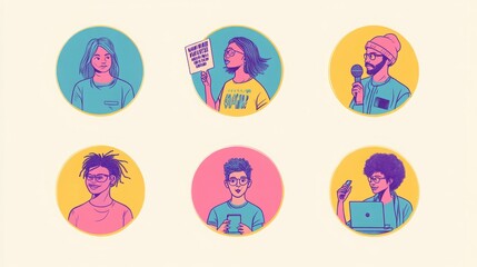 Fototapeta premium a set of illustrated avatars in circular frames showcasing diverse social media activists. One activist wears a t-shirt holding a protest sign, another has short bobbed hair