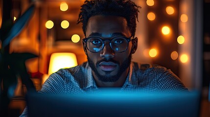 Obraz premium A businessman works late at night, focused on problem-solving and digital innovation in a corporate environment utilizing big data and networking.