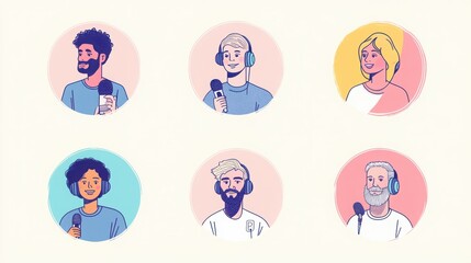a set of illustrated avatars in circular frames showcasing diverse podcasters and online personalities. One podcaster wears a t-shirt holding a microphone, another has shoulder-length hair 