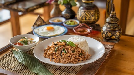 Thai stir-fry with chicken, basil, rice, and a fried egg on a wooden tray.