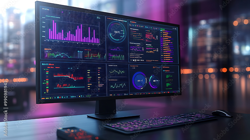 Wall mural A computer monitor displaying many graphs and charts