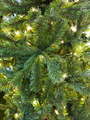 Christmas green tree with glowing garland lights.