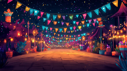 background with a road decorated for a local festival, featuring banners, lights, and colourful decorations