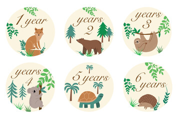 Cute card for the first years of a child's life with numbers and animals. Birthday by years. Baby photo cards.