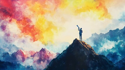 Fototapeta premium Leader Gazing Ahead from Mountaintop with Telescope,Vibrant Sky Symbolizing Far-Reaching Vision