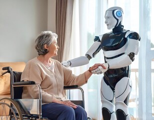 Older retirees are helped by an AI robot nurse. Compassionate care for an elderly patient in a nursing home. A nurse assists an elderly woman in a cozy home environment. Supportive nursing care for an