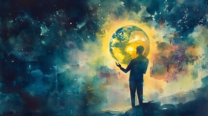 Fototapeta premium Watercolor Painting of a Figure Holding an Illuminated Globe Symbolizing Global Vision and