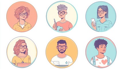 Fototapeta premium a set of illustrated avatars in circular frames showcasing diverse social media trendsetters. One trendsetter wears fashionable clothes holding a phone